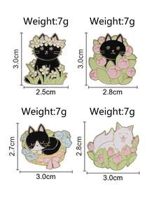 4pcs Cute Plant Floral Cat Enamel Brooch, Daisy, Tulip, Cat Shaped Pins, Fashion Accessory, Gift For Friends - Multicolor - View 3