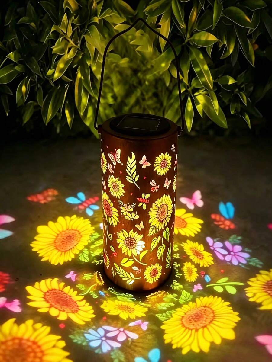 1pc Solar-Powered Projection Courtyard Lantern - Waterproof - Sunflower-Pattern Projection - Long-Lasting Power Supply - Hanging Design - Outdoor Courtyard Decoration Lamp - Suitable For Garden Patios, Festival Parties, Wedding Setups, Etc. In Multiple Scenarios. - Solar-powered Colored Lanterns - View 1