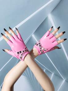 1 Pair New Rivet Design Spring/Autumn Sheepskin Half-Finger Leather Gloves Outdoor Cycling Leather Gloves Solid Color - Multicolor - View 4