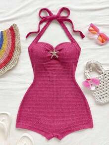 Mono de textura de unicolor con lazo de atar en el cuello para vacaciones, para fiesta en la playa - Rosa Fucsia - Ver 6