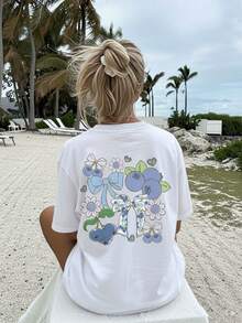 [Double-Sided Print] Women's Spring And Summer Top, Beach Fashion, Cool Style, Blueberry Print, Bow, Flowers And Hearts, Casual Short Sleeve Round Neck T-Shirt - 白色 - 查看 3