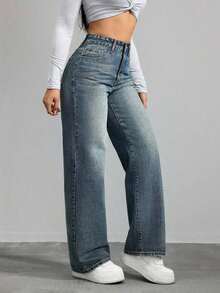 Jeans de mezclilla de pierna ancha recta de diseño simple con cintura alta para mujeres a la moda - Azul lavado medio 4 - Ver 5
