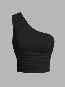 Blusa de un hombro de punto en tonos negro y beis para mujer - Albaricoque - Ver 3