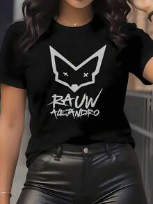 Camiseta Deportiva Casual para Mujer "RAUW" - Manga Corta, Cuello Redondo, Blanca con Estampado de Zorro Negro, Mezcla de Poliéster Suave, Perfecta para Atuendos Casuales |     Camiseta con estampado de zorro |     Elasticidad Media |     Corte relajado |     Plus Size blusas para mujer camisa - Negro - Ver 1