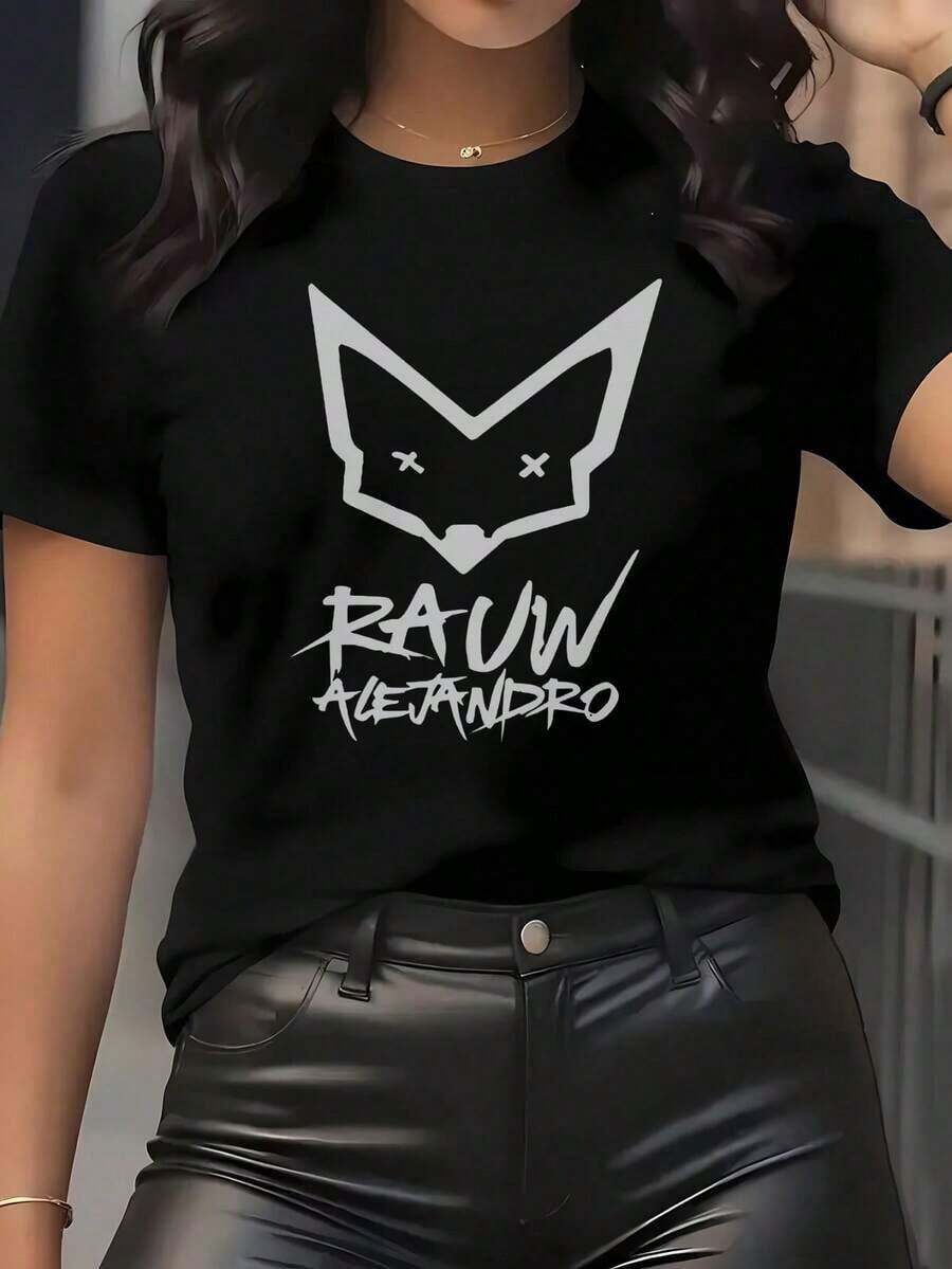 Camiseta Deportiva Casual para Mujer "RAUW" - Manga Corta, Cuello Redondo, Blanca con Estampado de Zorro Negro, Mezcla de Poliéster Suave, Perfecta para Atuendos Casuales | Camiseta con estampado de zorro | Elasticidad Media | Corte relajado | Plus Size blusas para mujer camisa - Negro - Ver 1