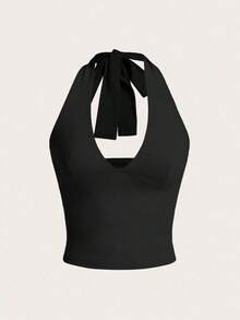 Top de tirantes de cuello halter sin espalda con cuello en V de color liso, uso casual diario - Negro - Ver 6