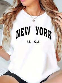 New Women's Casual Summer T-Shirt, White, With Round Neck And NEW YORK, USA Print, Loose Fit, 220g - Urban Vintage Style, Unisex, Cotton, Short Sleeve, Round Neck - 白色 - 查看 6