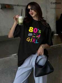 Y2K Summer Tops, Spring/Summer Tops Extra Large, 100% Cotton, Women's Short Sleeve T-Shirt, Funny Colorful 80's Tape Recorder Print, Solid Color Crew Neck, Soft And Comfortable, Casual, Streetwear, Y2K, Beach, Graduation, Vacation, Top, Summer, Spring, T-Shirt, Gym, Sports, Party Top, Blouse, Roman, Vintage, Carnival, Valentine, May, Women's Tops, Women's Tops, Spring Set, Sweater, Women's Winter Clothing, Women's Summer, Funny T-Shirts, Vacation, Beach, Casual, Cute Tops, Black Top, White Top, Summer Tops, Women's Spring Tops, Women's Easter Clothing, Carnival, All Seasons, Office/Living/Home/Minimalist, Western Women, Sets, American Retro Style, Unisex, Outerwear, Autumn Short - Black - View 10
