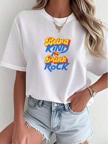 Graphic2026 New Arrival, Women's Premium Cotton T-Shirt 'Being Kind Is Punk Rock', High Quality Summer Clothes, Casual Elegance With Vibrant Graphic Print, Perfect For Beach Days And Daily Style, Short Sleeve T-Shirt, Boho Chic Style, Party Outfit, Women's Casual T-Shirt. - 白色 - 查看 1