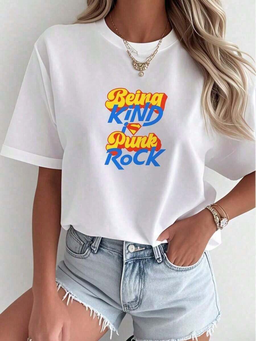 Graphic2026 New Arrival, Women's Premium Cotton T-Shirt 'Being Kind Is Punk Rock', High Quality Summer Clothes, Casual Elegance With Vibrant Graphic Print, Perfect For Beach Days And Daily Style, Short Sleeve T-Shirt, Boho Chic Style, Party Outfit, Women's Casual T-Shirt. - 白色 - 查看 1
