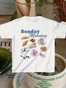 1 Piece Of Women's Casual Short-Sleeved T-Shirt With Sunday Breakfast Print, Round Neck, Lightweight, Ideal For Summer, With Coffee, Eggs And Cake Design, Perfect For Casual Outfits, Casual Summer Wear, Fun Print T-Shirt, Lightweight Fabric, 180g, 100% Cotton. - 白色 - 查看 1