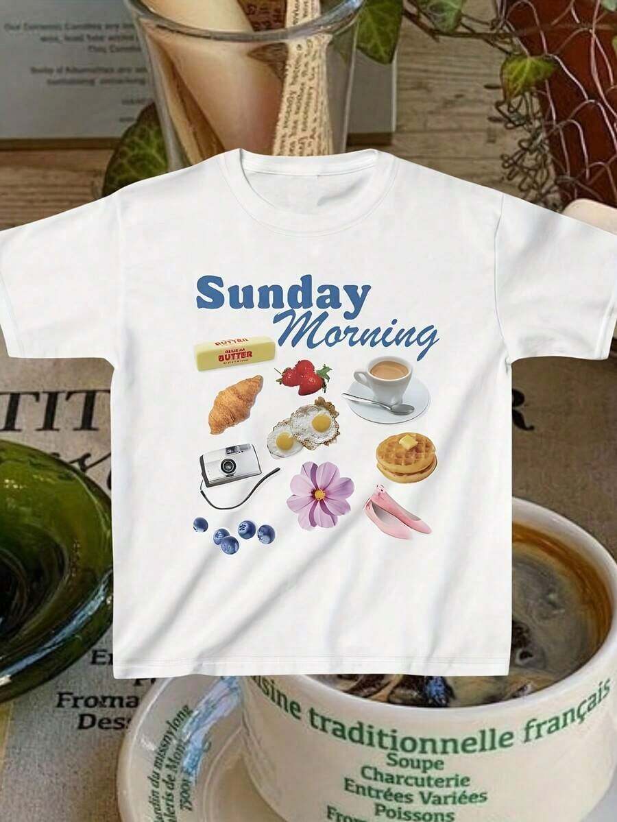 1 Piece Of Women's Casual Short-Sleeved T-Shirt With Sunday Breakfast Print, Round Neck, Lightweight, Ideal For Summer, With Coffee, Eggs And Cake Design, Perfect For Casual Outfits, Casual Summer Wear, Fun Print T-Shirt, Lightweight Fabric, 180g, 100% Cotton. - 白色 - 查看 1
