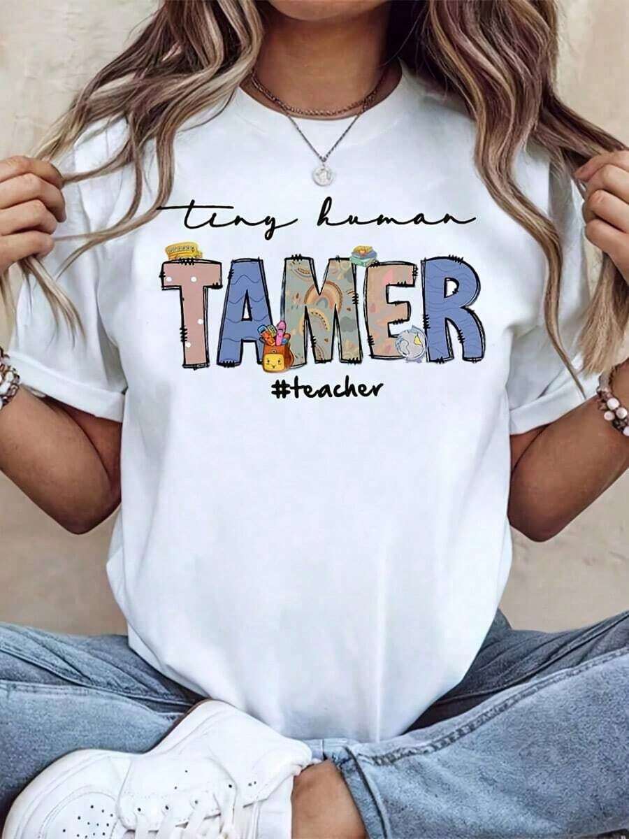 1 Piece Women's Crew Neck T-Shirt With "Tiny Human Tamer Teacher" Print, Short Sleeve, Casual Wear For School And Daily Life, 180g 100% Cotton - 白色 - 查看 1