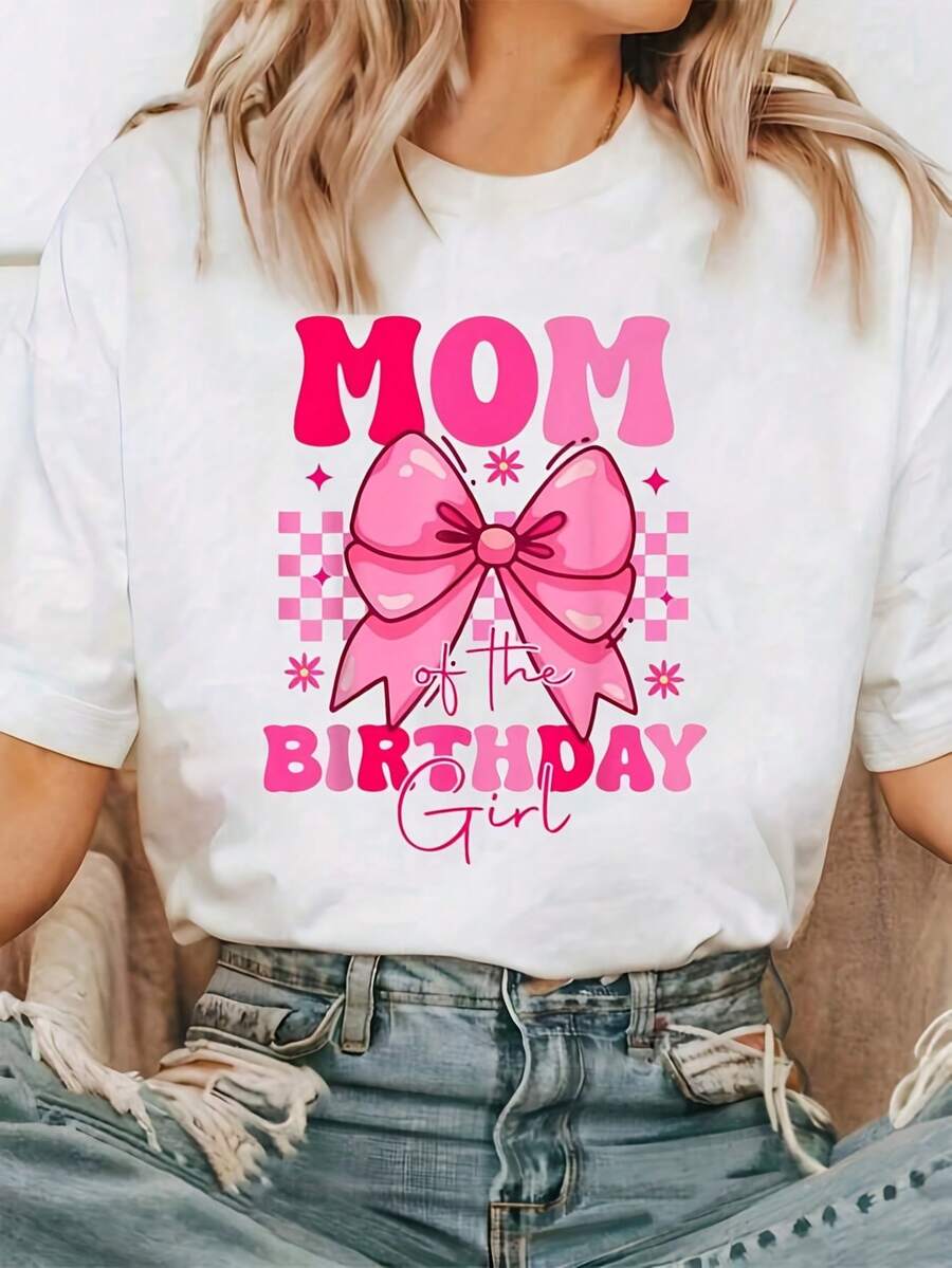 1 Women's T-Shirt With Pink "Birthday Mom" Print - Short Sleeve T-Shirt With Round Neck, Soft And Breathable, With Bow And Balloon Prints, Ideal For Family Birthday Party Outfits, Casual Unisex And Comfortable Cut, Lightweight Machine Washable Top, Suitable For Women And Girls, 180g 100% Cotton. - 白色 - 查看 1