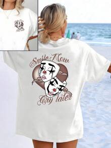 Two Theatrical Faces Joined By A Heart Symbolize The Duality Of The Soul Between Present Joy And Future Tears, Expressing Deep Emotions And The Inner Strength To Keep Smiling. Stylish And Comfortable Women's T-Shirt With Double Print - 白色 - 查看 8