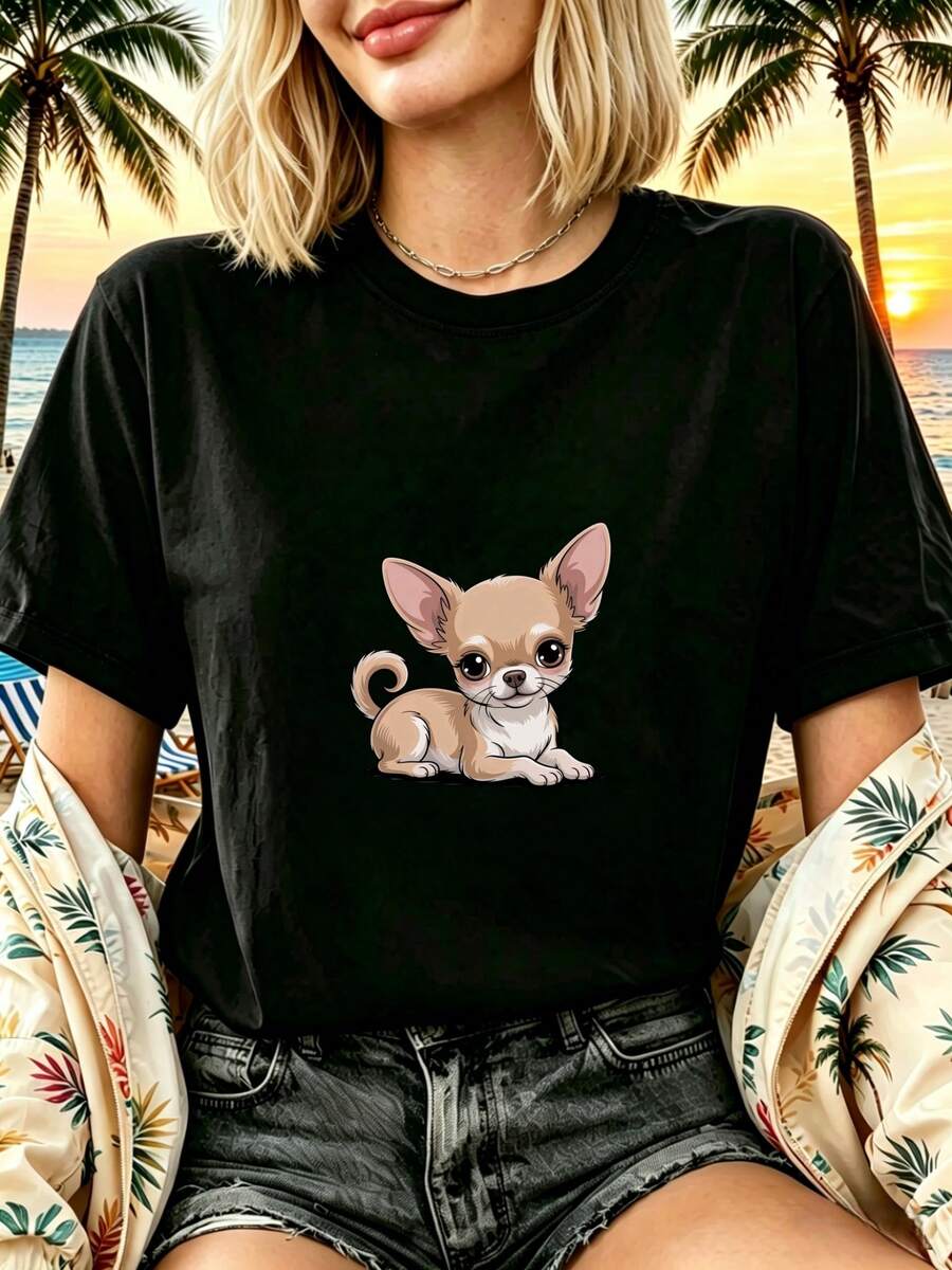 Women's T-Shirt With Vintage Mexican Chihuahua Animal Theme Art Design, Black Short-Sleeved Urban Style T-Shirt For Women, Modern And Casual Outfit For Summer Beach Vacation, Classic Cut, Soft And Comfortable, Loose Fit, Suitable For Daily Outdoor Excursions, Fashionable Top For Women. - 黑色 - 查看 1