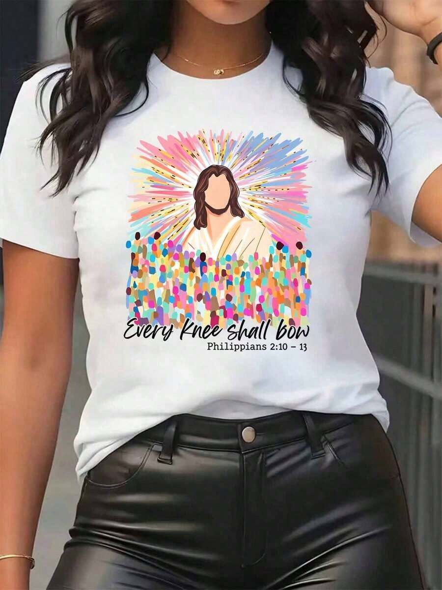New Arrivals For Summer. Women's T-Shirt With Jesus Christ Print, Colorful Halo And Polka Dots, Round Neck, Casual Everyday Wear, Soft And Comfortable, Festival Blouse, Shirt > Beautiful. - 白色 - 查看 1