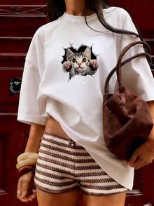 Cute And Realistic Style Short-Sleeve T-Shirt, Fashionable Short-Sleeve T-Shirt For Spring And Summer 2026, Made In Mexico, 180 Grams. Cartoon Print, Couple Design, Suitable For Indoor Or Outdoor Wear. Crew Neck, Unisex, Ideal For Office And Leisure. One-Piece Pack. - WH-P631577SLNDXZGY566 - 查看 4
