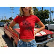 Red Baby T-Shirt With Black Bird And Flower Print, Summer Boho Floral Shirt, Vintage Tattoo Style Top, Soft Grunge Aesthetic T-Shirt, Dark Gothic Blouses For Women > Printed Shirt Blouses For Ladies - 紅色 - 查看 4