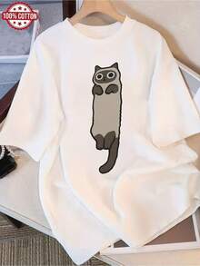 Soft Wo Cute Standing Cat Print T-Shirt - Soft Vintage Style Loose Fit T-Shirt With Brown And White Animal Print, Machine Washable, Casual Top For All Seasons, Ideal For Daily And Weekend Outfits, Comfortable Crew Neck, Cat Design T-Shirt, Casual Clothing, Fun Design. - 白色 - 查看 1