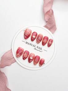 JUTI Stiker Kuku Bentuk Almond Pendek Buatan Tangan 100%, Pola Bunga dan Hati 3D Ukiran Tangan, Desain Pita Gradien Merah Muda, Kuku Palsu Mengkilap Berhiaskan Mutiara yang Dapat Digunakan Kembali, Cocok untuk Pemakaian Sehari-hari dan Hari Valentine, Termasuk 1 Kikir Kuku dan Lem Jelly - MultiWarna - View 2