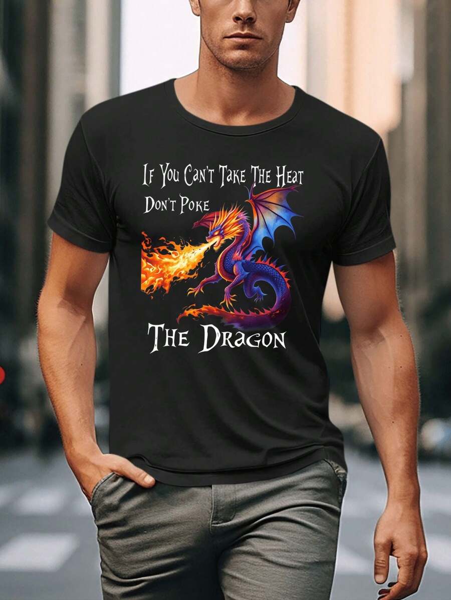2D Flat Dragon With Fire And The Text "If You Can't Stand The Heat, Don't Touch The Dragon" Printed On A Black T-Shirt, Acrylic Pendant For Home And Office Decoration, Festive Gift For Dragon Lovers - 黑色 - 查看 1
