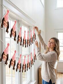 7/14/21pc Custom Photo Birthday Face Bunting Banner, Personalized Pink Party Hat Garland, Cute Adult Birthday Decor, Funny Photo Booth Prop - Multicolor - View 5