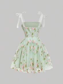 MOD Vestido sencillo de uso diario para mujer con decoración de malla y adornos bordados, vestido bohemio casual para dama con contraste de malla, bordado, tirantes anudados, ajuste regular, vestido corto con mariposa azul, colorblock, floral, plantas, camiseta, vestidos cortos de mujer, primavera/verano, uso casual diario - verde menta - Ver 2