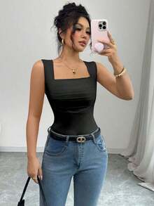 Top ajustado de tirantes de cuello cuadrado de unicolor elegante y casual para mujer, verano - Negro - Ver 1