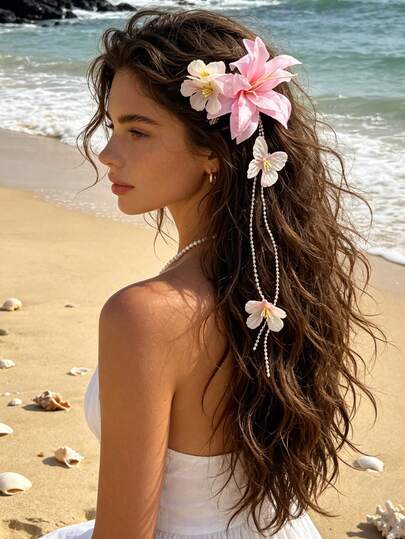 1Pc Artificial Flower Tassel Hair Clip, Bohemian Style Butterfly Beaded Design, Seaside Vacation Vibe Side Hair Clip