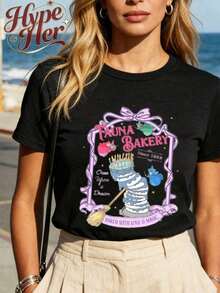 1 pieza HypeHer Nueva Colección Verano 2026, Linda Camiseta de Manga Corta con Cuello Redondo Regular para Mujer, Estampado Casual de Temática Monorail en Mezcla de Algodón, Regalos Ideales para Niñas o Mamás, Ropa de Verano para Mujer. 180g 100% Algodón, Todos los diseños están estampados. Unisexo. - Negro 5 - Ver 3
