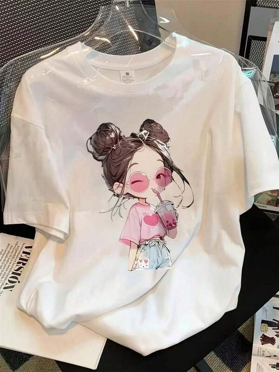 Women's Oversized Graphic T-Shirt With Anime And K-Pop Print - Cute Korean Pop Culture Design With Chibi Characters, Loose Fit, Crew Neck, Short Sleeve, For Casual Wear, Birthday And Mother's Day Gift, Machine Washable, For All Seasons - Inspired By K-Drama - 白色 - 查看 1