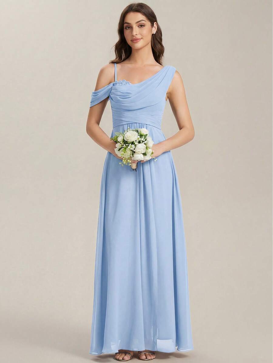 EVERPRETTY Váy phù dâu trễ vai xếp ly bằng chiffon
