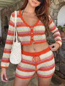 2 piezas Conjunto de top corto y shorts de mujer para verano con bloques de color, rayas y diseño calado. Estilo de vacaciones en la playa, top corto elegante y conjunto de shorts ligeros adecuado para primavera/verano, fiesta en la playa, vacaciones, estilo bohemio, sexy - Naranja - Ver 3