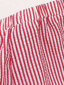 Conjunto de 2 piezas de blusa de manga de pétalo a rayas estilo francés dulce y pantalones rectos holgados para mujer, de primavera/verano - Rojo - Ver 6