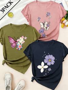 Women's T-Shirts, Women's T-Shirts, Women's One-Piece Printed T-Shirt, Casual Short Sleeve Round Neck Top, Suitable For All Seasons, Soft Basic T-Shirt, Beachwear Set. - 1件白色隨機圖案 - 查看 6
