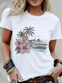 Gift: 1 Women's White T-Shirt With Tropical Sunset Beach Print, Round Neck, Casual Cotton T-Shirt, Medium Elasticity Knit Fabric, Regular Fit For Ladies, Ideal For Spring/Summer/Autumn, Soft - 白色 - 查看 6