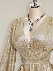 Vestido corto elegante de manga larga con cuello en V y cintura ceñida de unicolor para mujer - Dorado - Ver 4
