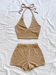 a Conjunto de 2 piezas de top de punto texturizado con escote en V y tirantes finos de color amarillo claro, y shorts, estilo romántico y campestre, bohemio, floral romántico, para vacaciones - Caqui - Ver 6