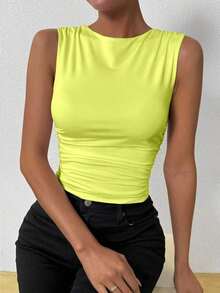 Camisola De Cuello Redondo Plisado Para Mujer - Mostaza Amarilla - Ver 5