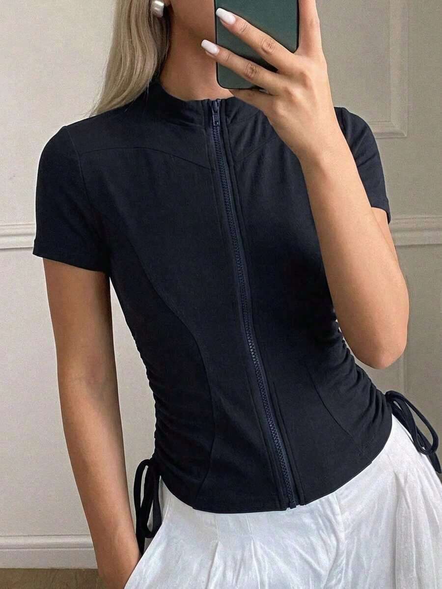 Chaqueta casual deportiva de manga larga y ajuste ceñido para mujer, estilo callejero, chaqueta ligera de verano - Negro 2 - Ver 1