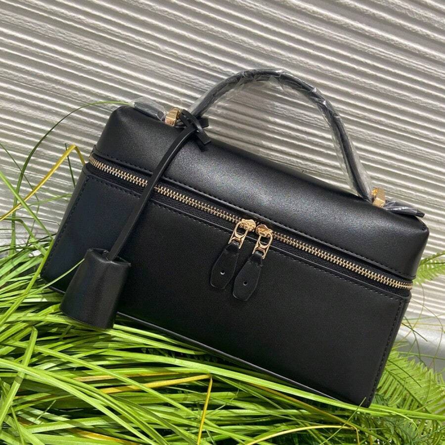 L23 Minimalist Solid Color Boxy Handbag For Women Elegant Smooth Faux Leather Top Handle Bag Luxury Design Structured Crossbody Purse With Adjustable Strap Versatile Daily Travel Satchel - 黑色金扣(L23平紋) - 查看 1