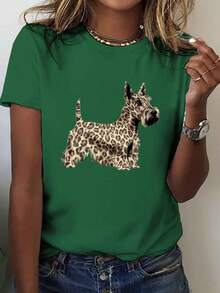Women's Casual T-Shirt With Scottish Terrier And Leopard Print - Short Sleeve Crew Neck T-Shirt, Breathable Medium Stretch Fabric, Machine Washable, Regular Fit For Summer And Spring, Dog Lover T-Shirts, Fun Design, Comfortable Fit, 100% Cotton, Durable - 綠色 - 查看 7