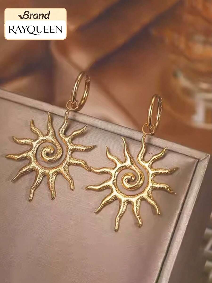 RAYQUEEN 1 Đôi bông tai mặt dây chuyền hình mặt trời xoắn ốc bằng thép không gỉ mới, bông tai sang trọng, thanh lịch dành cho nữ, thích hợp làm quà tặng. - Vàng - Xem 1
