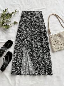 casual con estampado floral y dobladillo dividido para mujer - Blanco y Negro - Ver 3