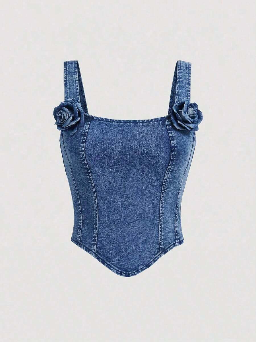 Parte superior de tirantes anchos y cierre trasero de mezclilla casual negra para mujer - Azul - Ver 1
