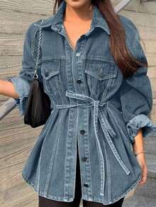 Jeans casuales de mujer con ajuste holgado, lavado desgastado y bajo con abertura, ropa de otoño, chaqueta de jeans de manga larga para mujer - Celeste - Ver 3