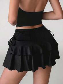 Tall Falda de pastel con cintura de cordón para el verano - Negro - Ver 6