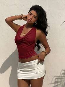Nuevo Camisol de Mujer con Cuello Halter, Espalda Descubierta y Tirantes con Lazo, Diseño de Encaje y Parches, Adecuado para Vacaciones y Playa - Burdeos - Ver 6