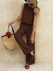 Conjunto informal de 2 piezas con top de cuello redondo y lazo en la espalda, y pantalones de cintura elástica de unicolor para mujer - Marrón - Ver 4